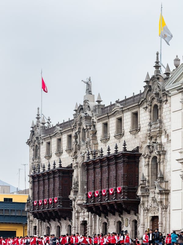 The carved wooden balconies of the Archbishop's Palace on Lima's Plaza de Armas