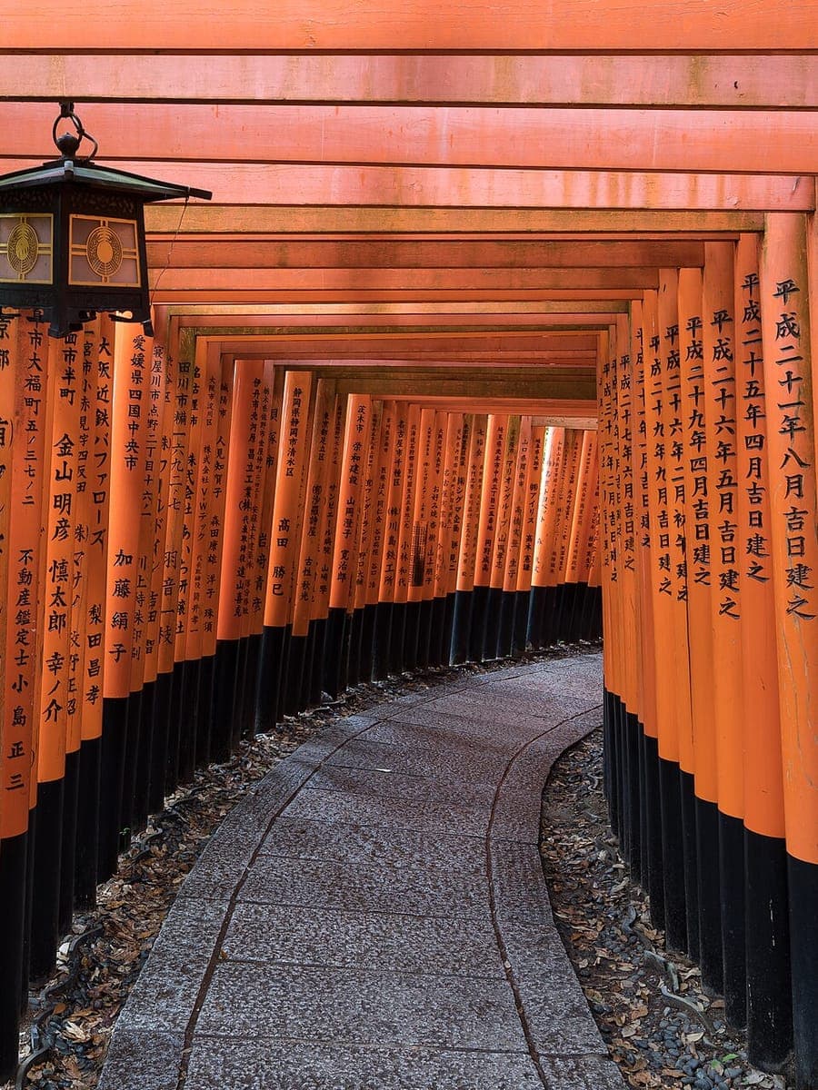 Un sendero bajo los torii naranjas del santuario Fushimi Inari, en Kioto